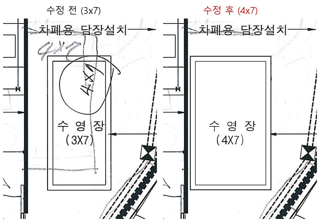 수영장 수정 전 3×7m와 수정 후 4×7m 비교